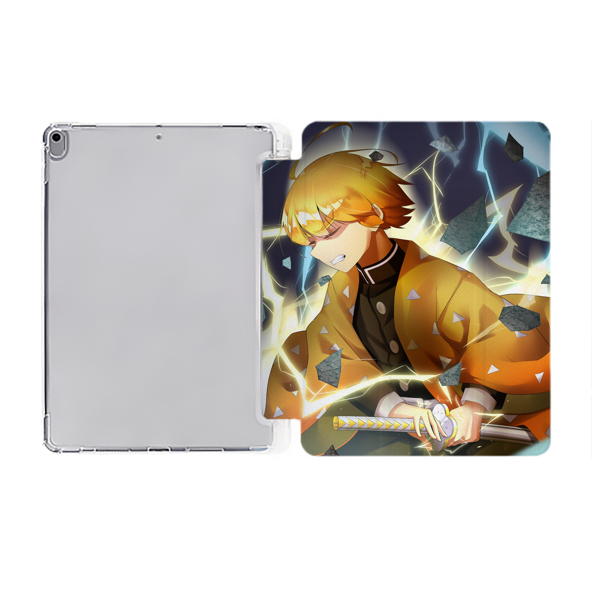 （画像用） 鬼滅の刃（きめつのやいば）我妻 善逸／あがつま ぜんいつ Agatsuma Zenitsu IPad ケース ペン収納付き 三つ折りスタンド PUレザー×シリコン 対応機種9.5/10.5/10.9インチ